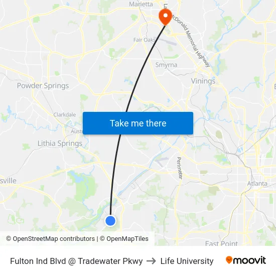 Fulton Ind Blvd @ Tradewater Pkwy to Life University map