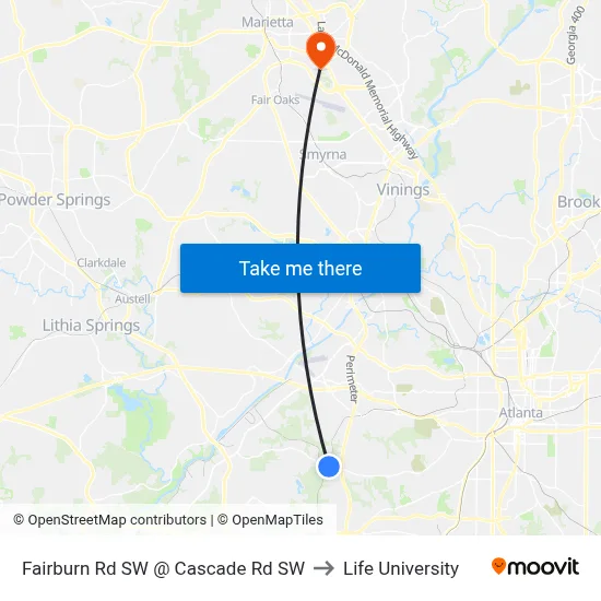 Fairburn Rd SW @ Cascade Rd SW to Life University map