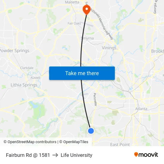 Fairburn Rd @ 1581 to Life University map