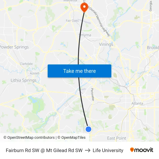 Fairburn Rd SW @ Mt Gilead Rd SW to Life University map