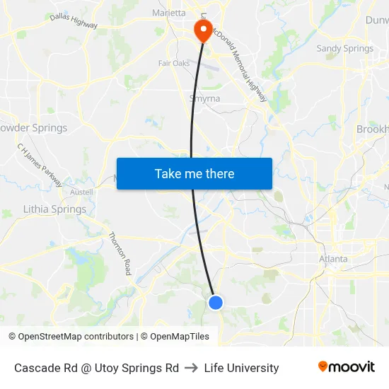 Cascade Rd @ Utoy Springs Rd to Life University map