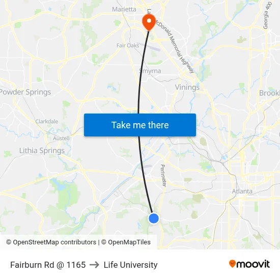 Fairburn Rd @ 1165 to Life University map
