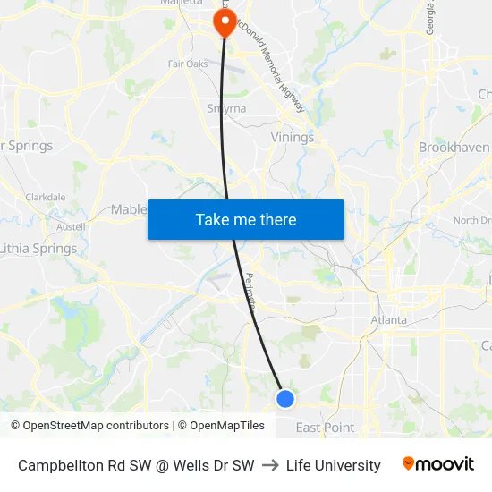 Campbellton Rd SW @ Wells Dr SW to Life University map