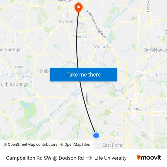 Campbellton Rd SW @ Dodson Rd to Life University map