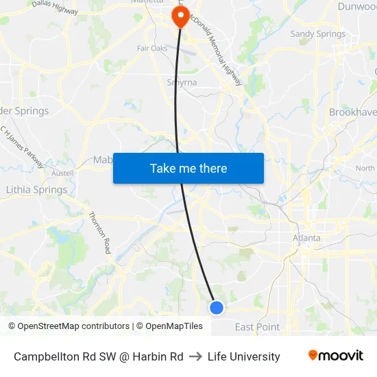 Campbellton Rd SW @ Harbin Rd to Life University map