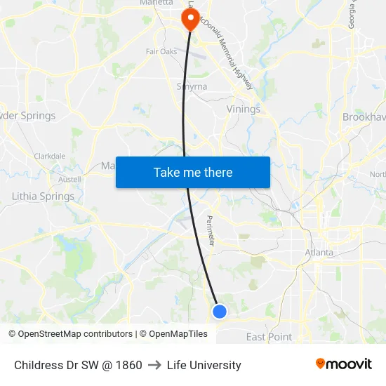 Childress Dr SW @ 1860 to Life University map