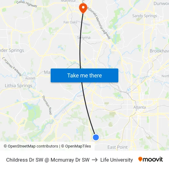 Childress Dr SW @ Mcmurray Dr SW to Life University map