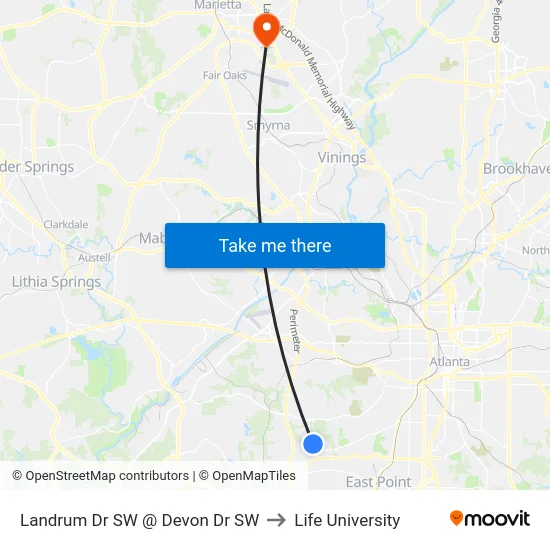Landrum Dr SW @ Devon Dr SW to Life University map