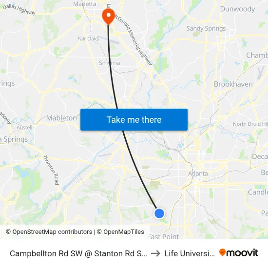 Campbellton Rd SW @ Stanton Rd SW to Life University map