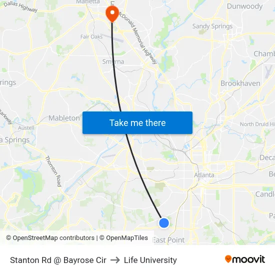 Stanton Rd @ Bayrose Cir to Life University map