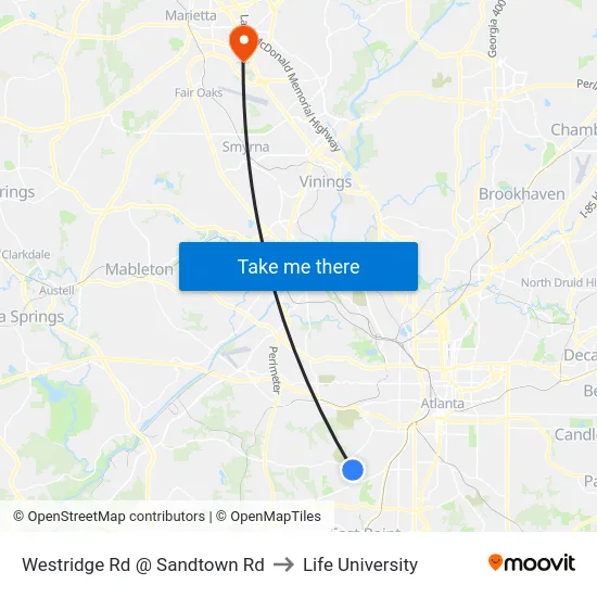 Westridge Rd @ Sandtown Rd to Life University map