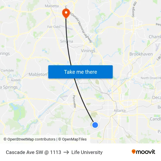 Cascade Ave SW @ 1113 to Life University map