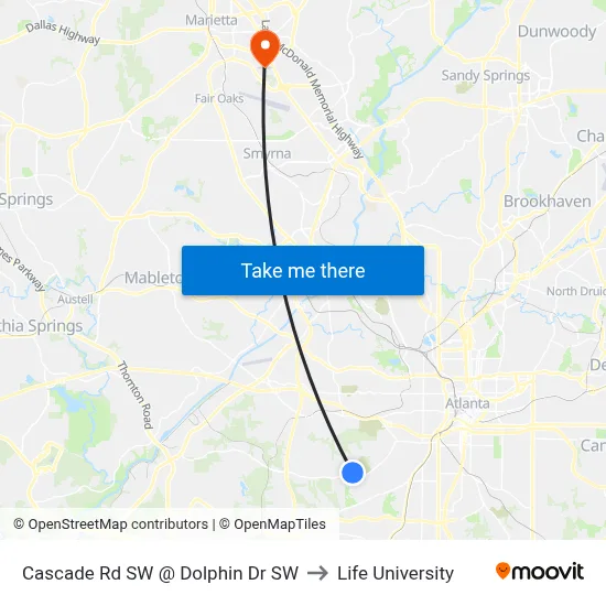 Cascade Rd SW @ Dolphin Dr SW to Life University map