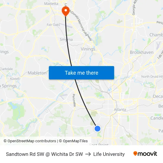 Sandtown Rd SW @ Wichita Dr SW to Life University map