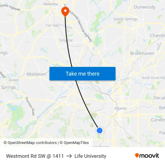Westmont Rd SW @ 1411 to Life University map