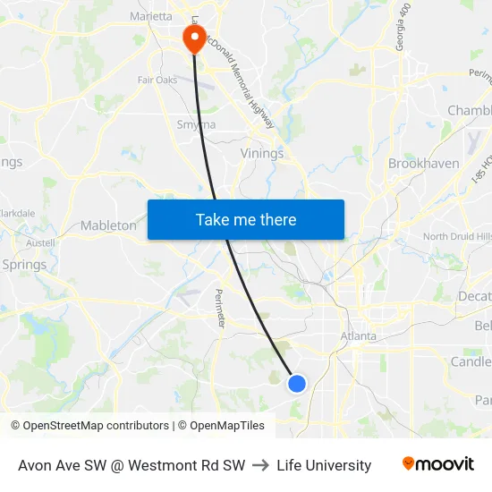 Avon Ave SW @ Westmont Rd SW to Life University map