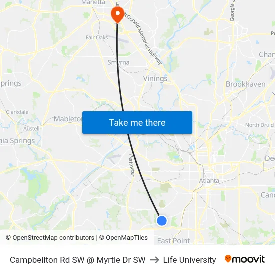 Campbellton Rd SW @ Myrtle Dr SW to Life University map