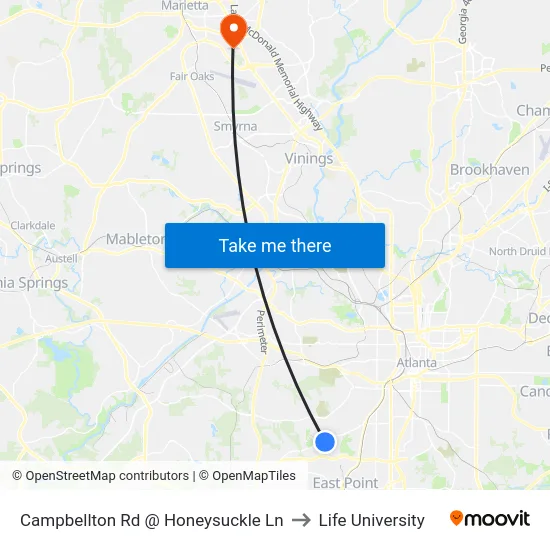 Campbellton Rd @ Honeysuckle Ln to Life University map