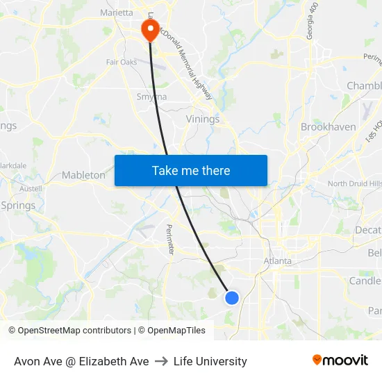Avon Ave @ Elizabeth Ave to Life University map