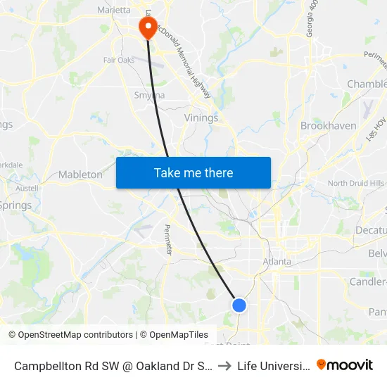 Campbellton Rd SW @ Oakland Dr SW to Life University map
