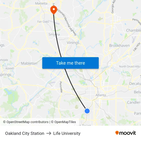 Oakland City Station to Life University map