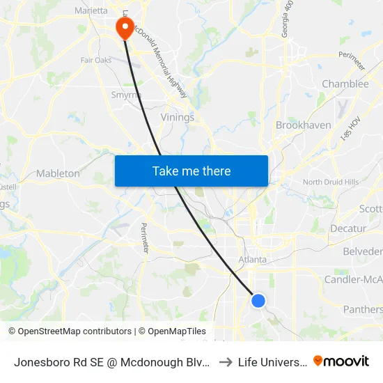 Jonesboro Rd SE @ Mcdonough Blvd SE to Life University map