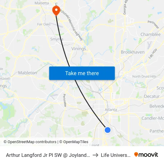 Arthur Langford Jr Pl SW @ Joyland Pl to Life University map