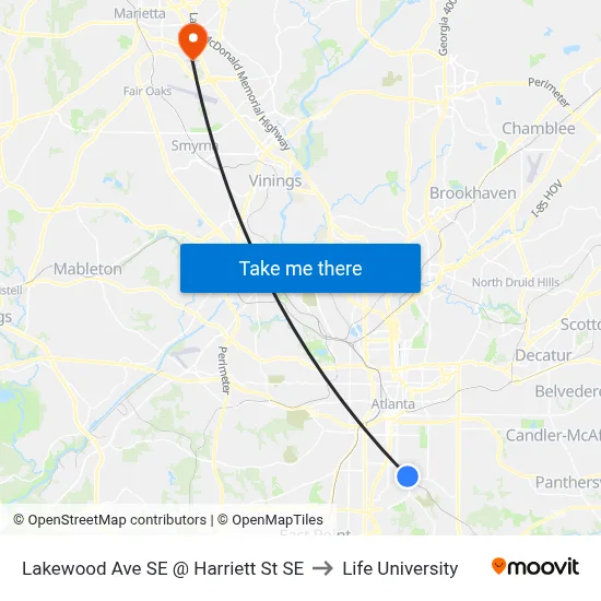 Lakewood Ave SE @ Harriett St SE to Life University map