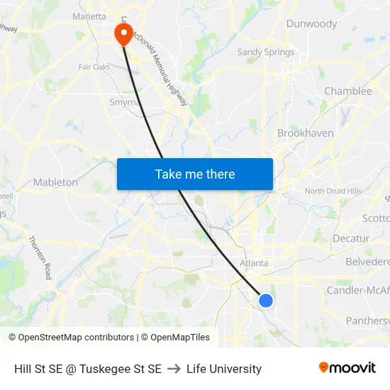 Hill St SE @ Tuskegee St SE to Life University map