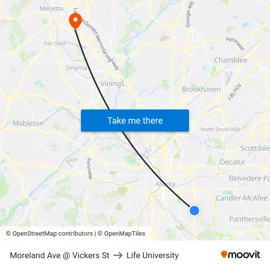 Moreland Ave @ Vickers St to Life University map