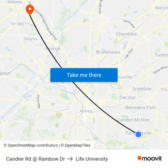 Candler Rd @ Rainbow Dr to Life University map
