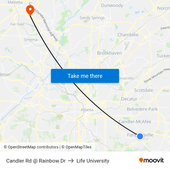 Candler Rd @ Rainbow Dr to Life University map