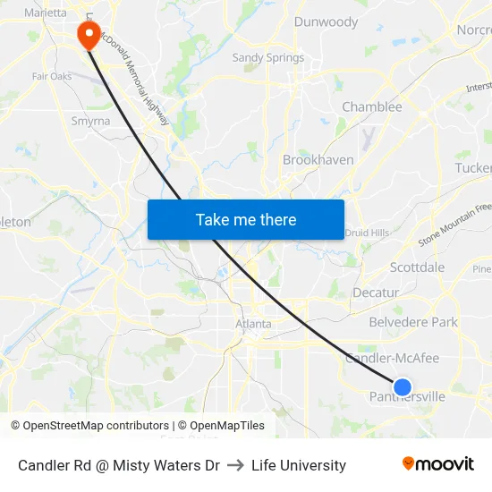 Candler Rd @ Misty Waters Dr to Life University map