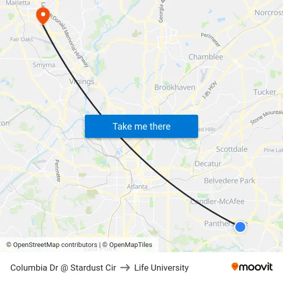 Columbia Dr @ Stardust Cir to Life University map