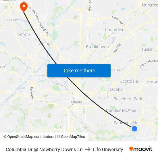 Columbia Dr @ Newberry Downs Ln to Life University map