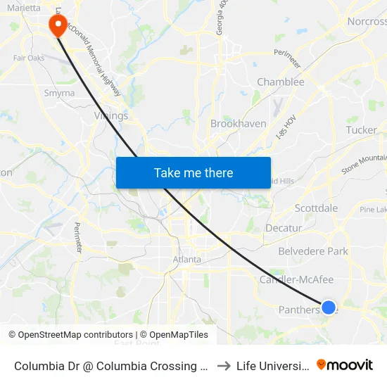 Columbia Dr @ Columbia Crossing Dr to Life University map