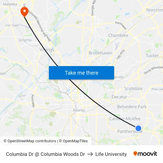 Columbia Dr @ Columbia Woods Dr to Life University map
