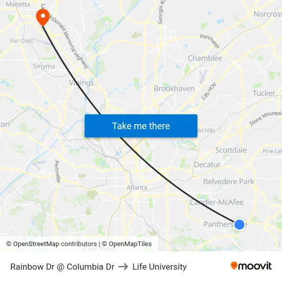 Rainbow Dr @ Columbia Dr to Life University map
