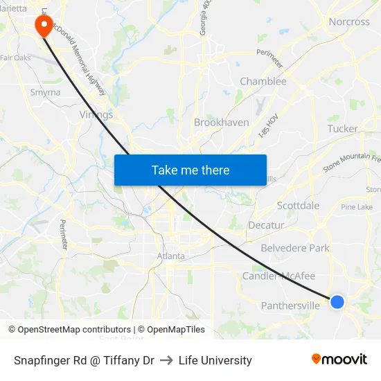 Snapfinger Rd @ Tiffany Dr to Life University map