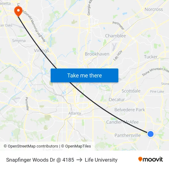Snapfinger Woods Dr @ 4185 to Life University map