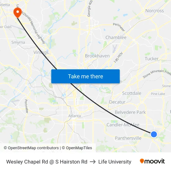 Wesley Chapel Rd @ S Hairston Rd to Life University map