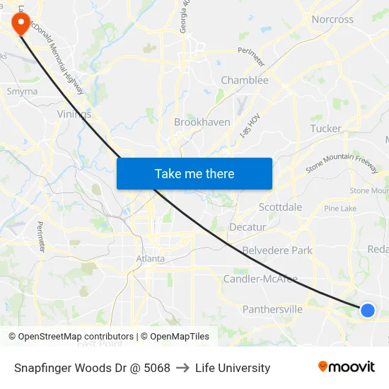 Snapfinger Woods Dr @ 5068 to Life University map
