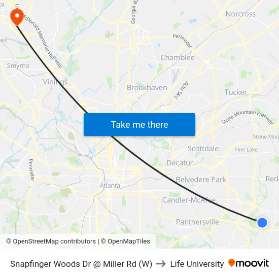 Snapfinger Woods Dr @ Miller Rd (W) to Life University map