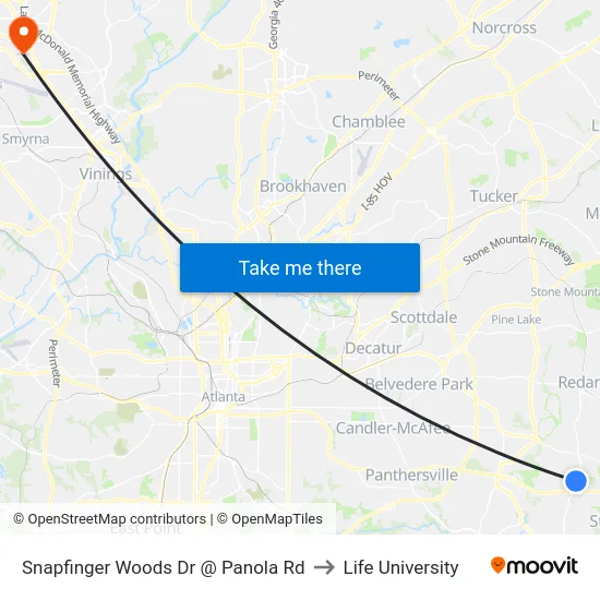 Snapfinger Woods Dr @ Panola Rd to Life University map