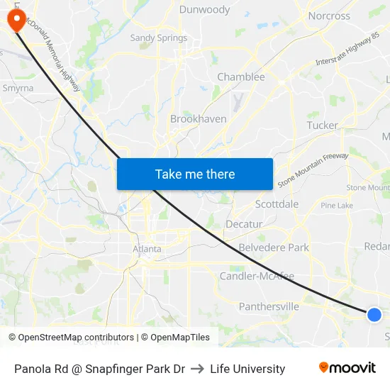 Panola Rd @ Snapfinger Park Dr to Life University map