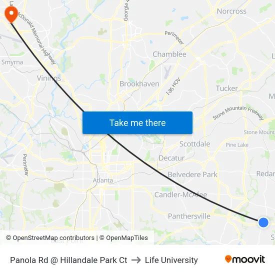 Panola Rd @ Hillandale Park Ct to Life University map