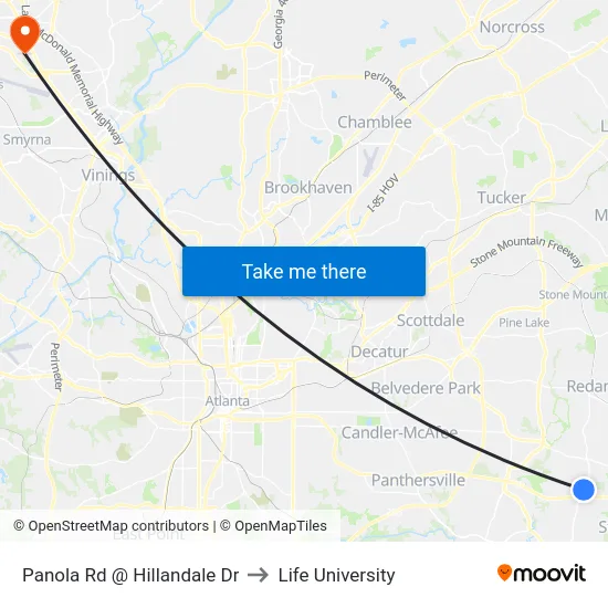 Panola Rd @ Hillandale Dr to Life University map