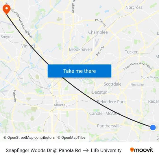 Snapfinger Woods Dr @ Panola Rd to Life University map