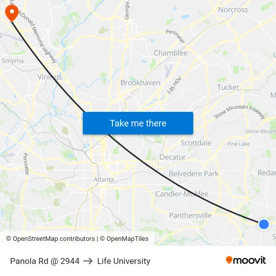 Panola Rd @ 2944 to Life University map