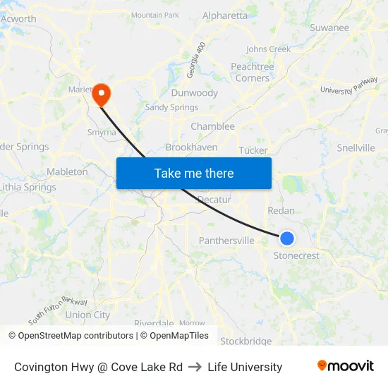 Covington Hwy @ Cove Lake Rd to Life University map